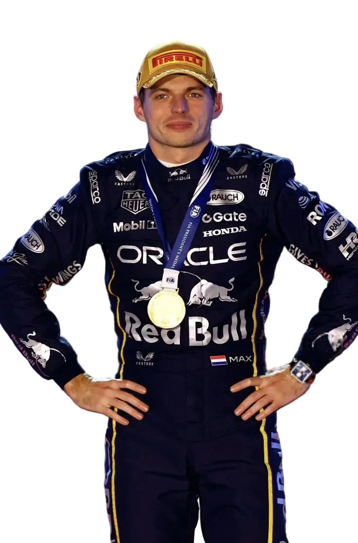 Person wearing a racing suit with various sponsor logos, holding a medal.