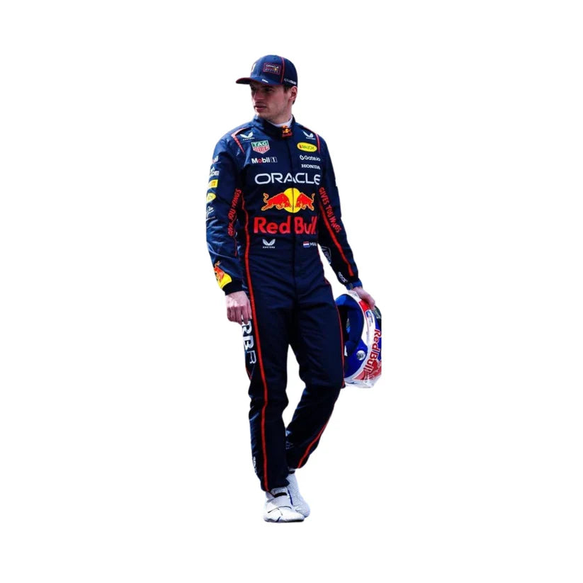 Person wearing a Red Bull racing suit and helmet on a white background