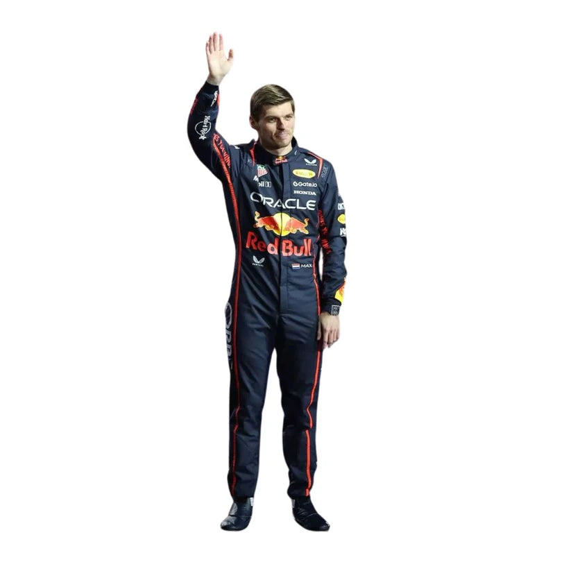 Person wearing a Red Bull racing suit waving on a white background