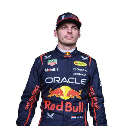 Person wearing a Red Bull racing suit with various sponsor logos on a white background
