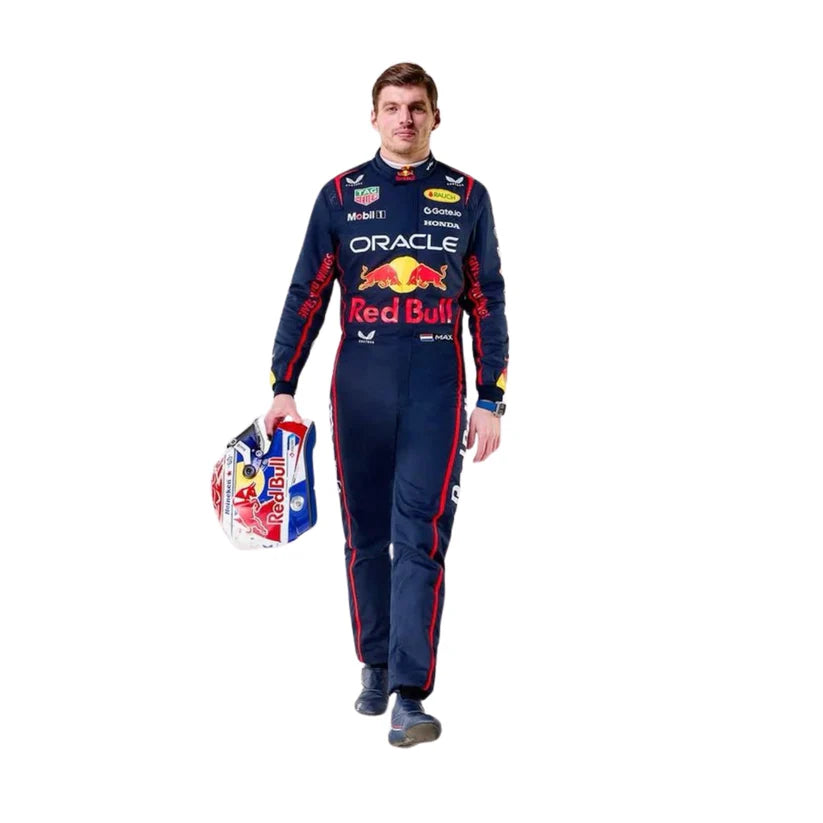 Person wearing a Red Bull racing suit holding a helmet on a white background