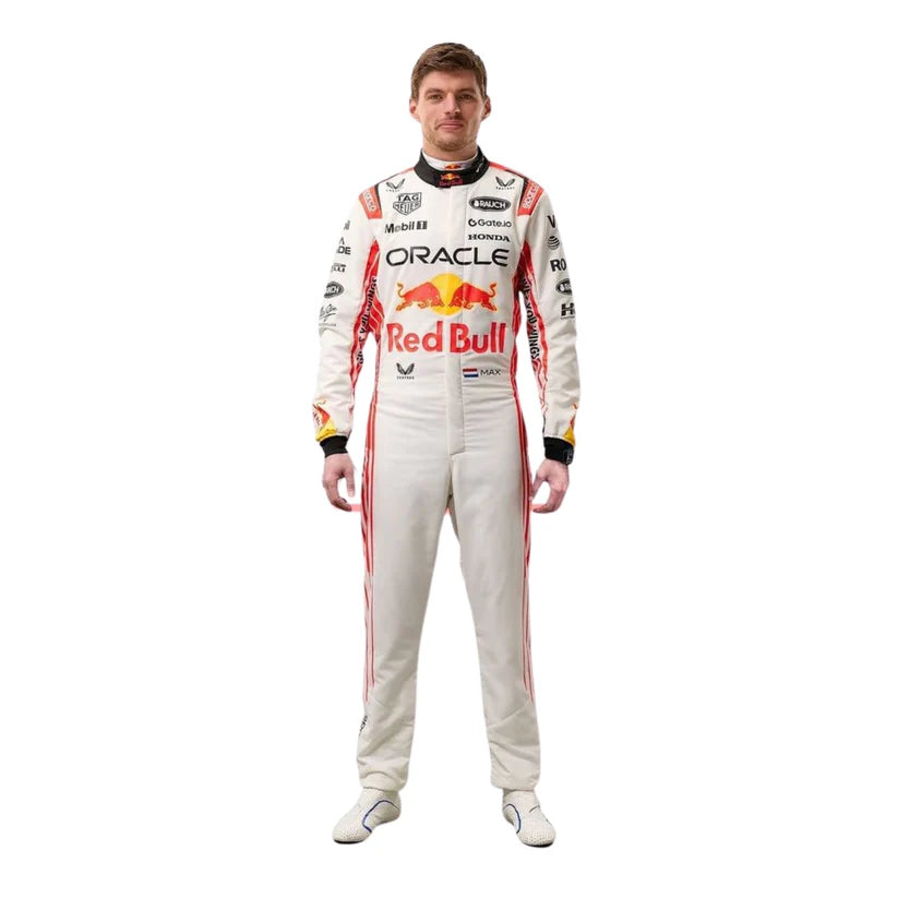 Person wearing a Red Bull racing suit on a white background