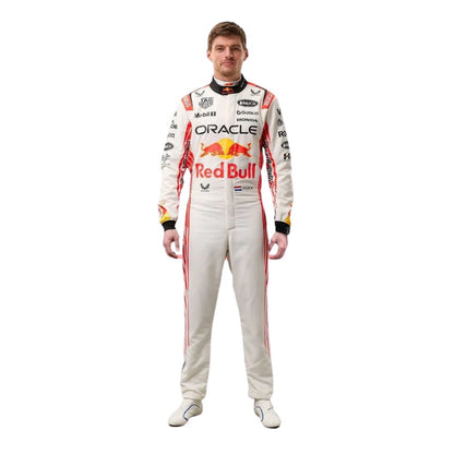 Person wearing a Red Bull racing suit on a white background