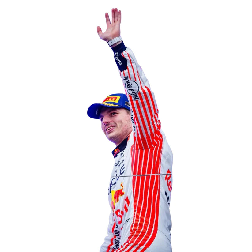 Person wearing a Red Bull racing suit and cap, waving on a white background
