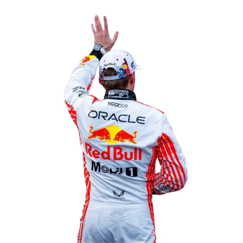 Person wearing a Red Bull racing suit with Oracle branding on a white background