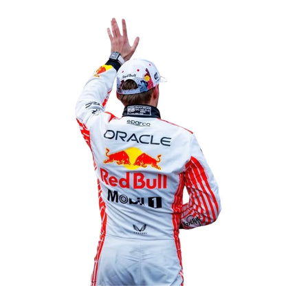 Person wearing a Red Bull racing suit with Oracle branding on a white background