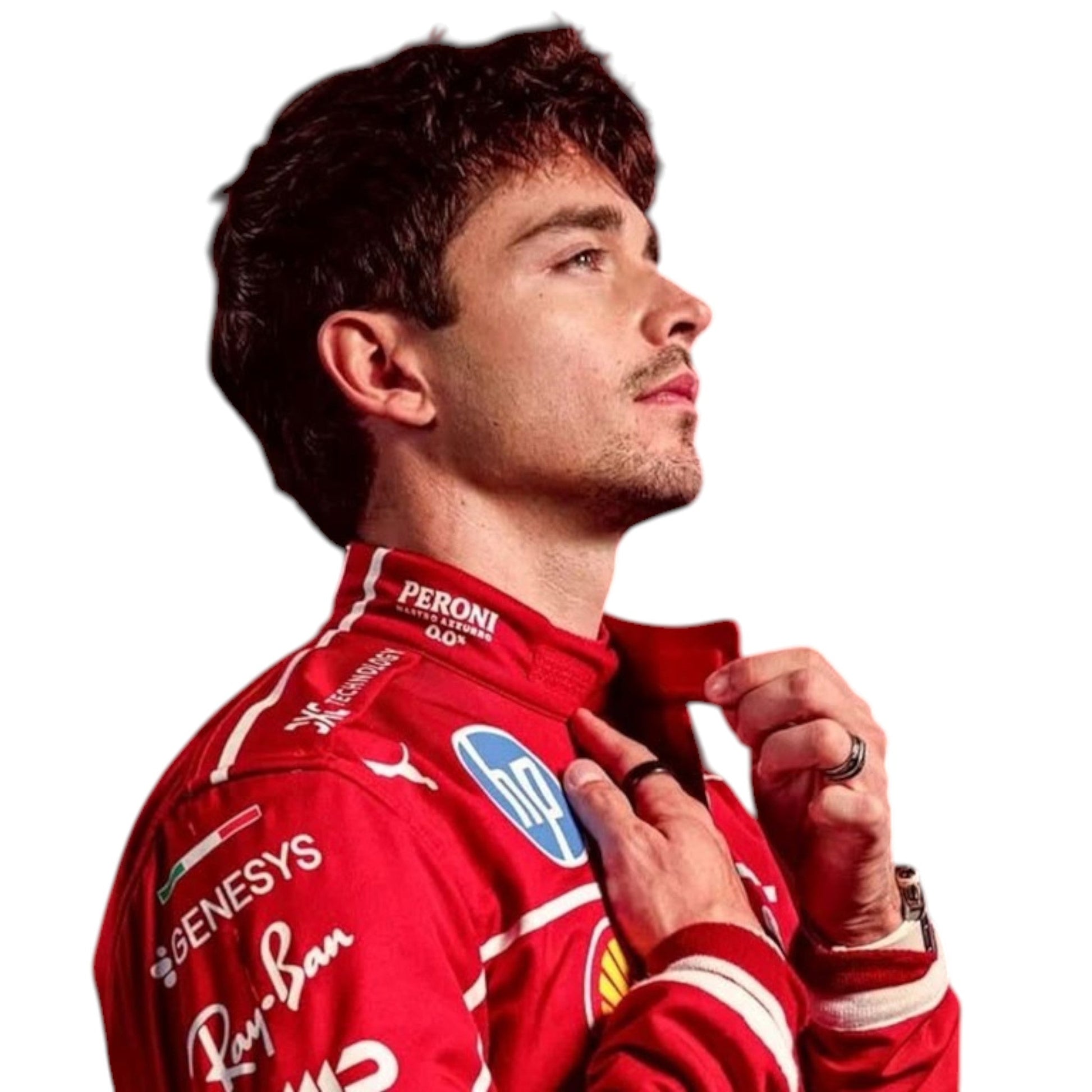 Charles Leclerc 2025 Ferrari F1 race suit sponsor detail by Grand Flex Racewear