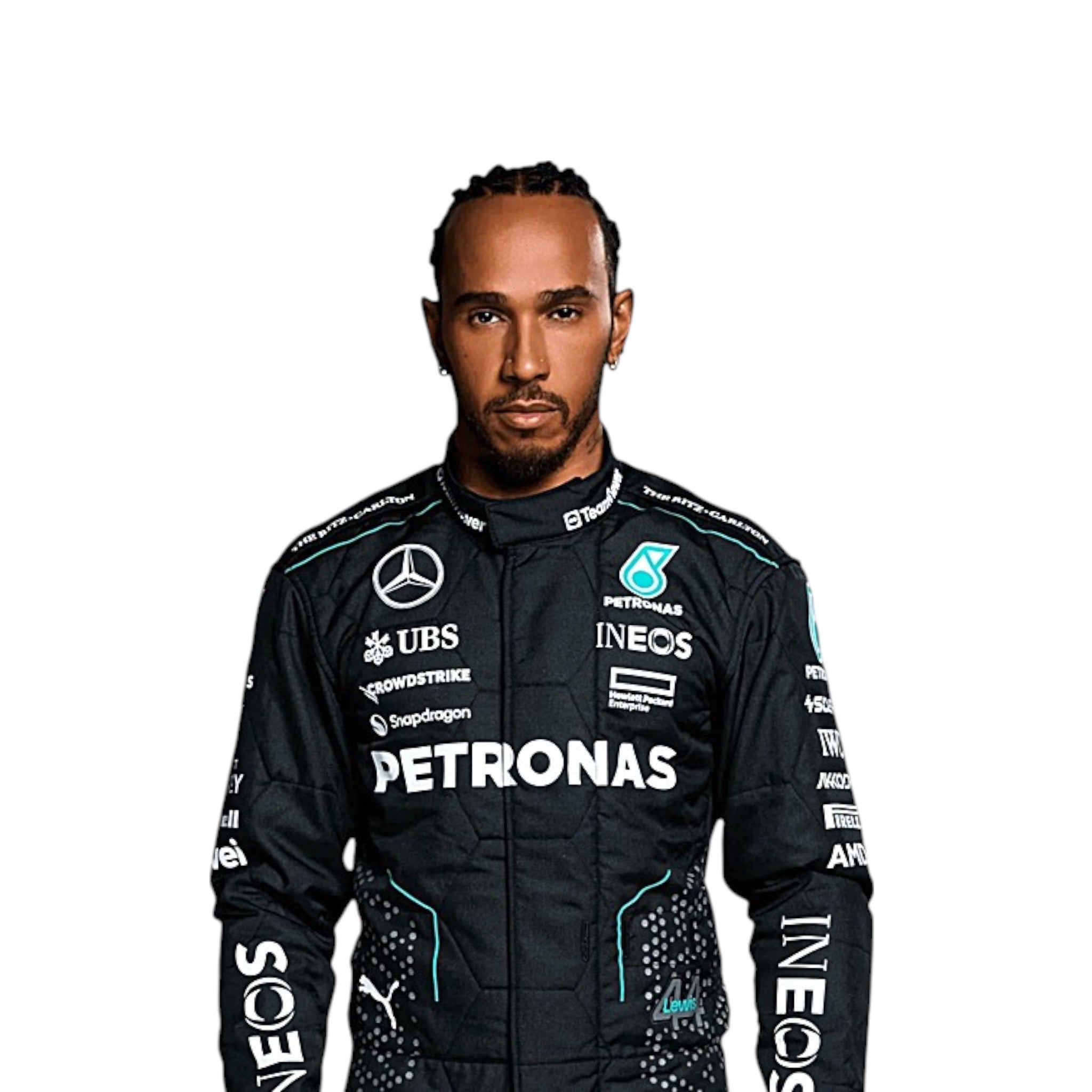 Lewis Hamilton 2024 Mercedes AMG Petronas F1 Race Suit detail view 2 - Grand Flex Racewear