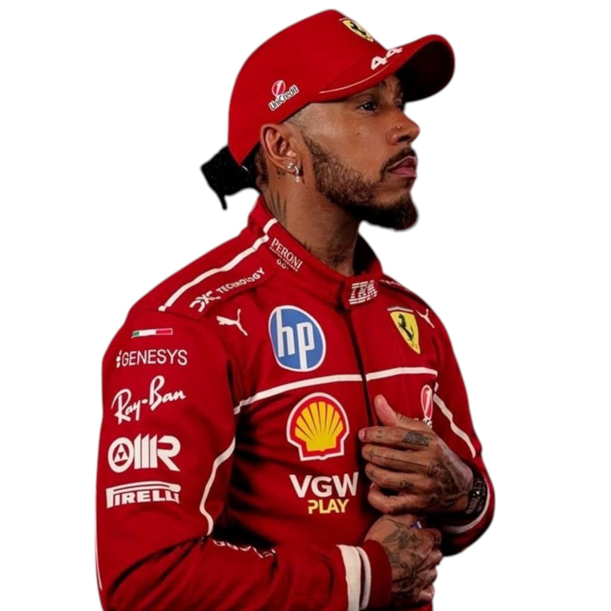 Lewis Hamilton 2025 Ferrari F1 race suit back view by Grand Flex Racewear