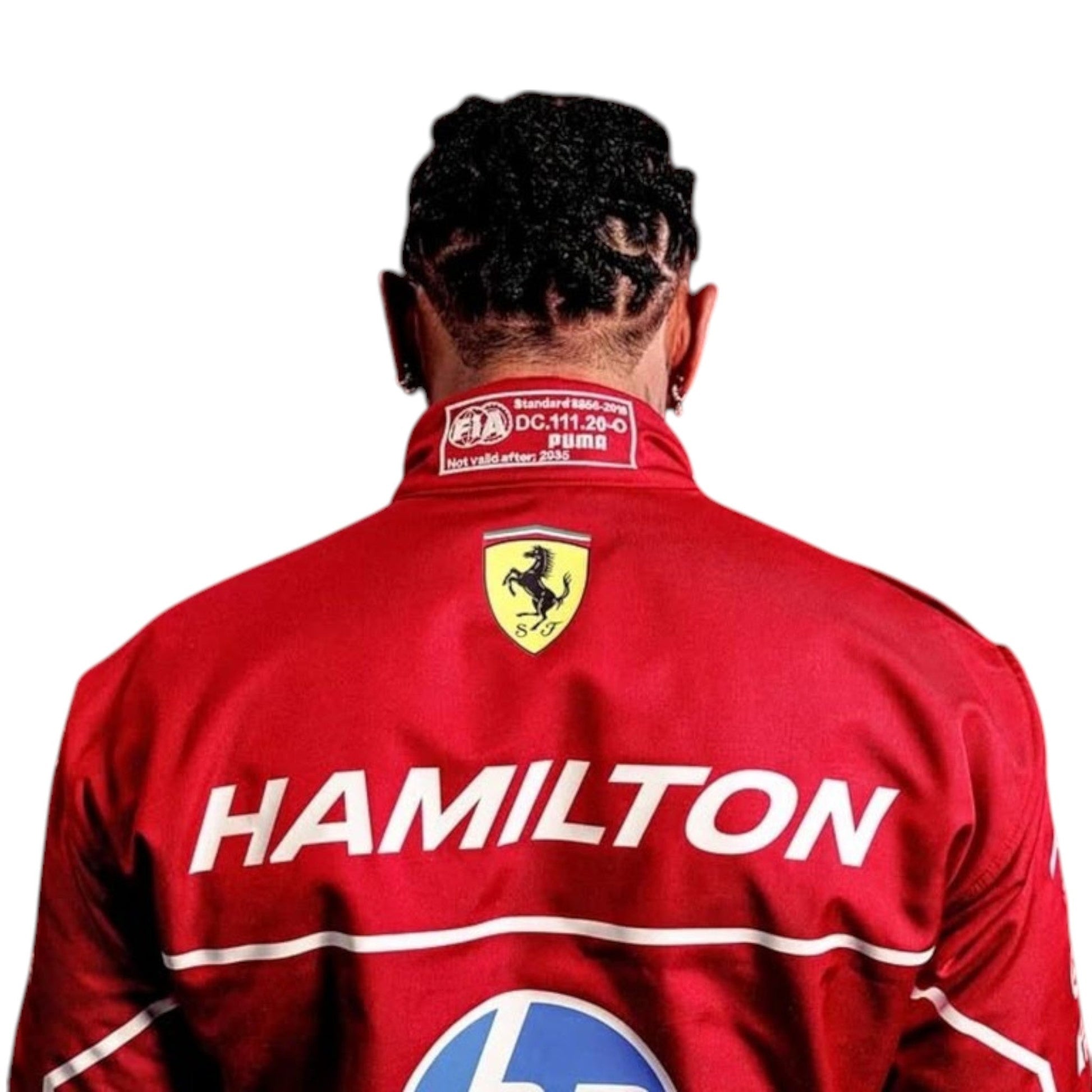 Lewis Hamilton 2025 Ferrari F1 race suit sponsor detail by Grand Flex Racewear