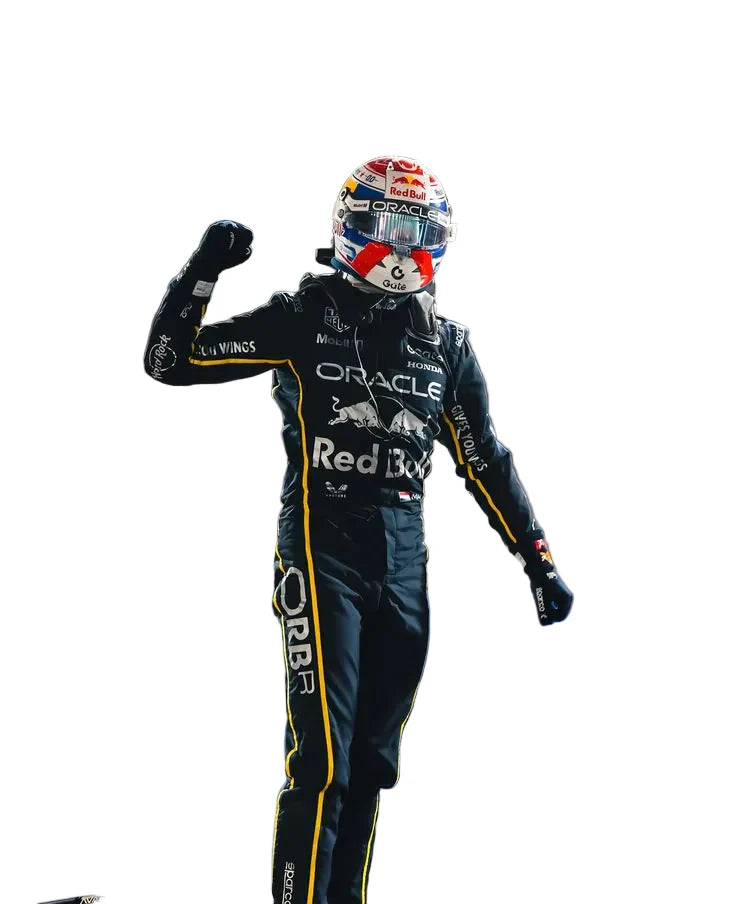 Person in a Formula 1 racing suit with Oracle and Red Bull branding on a white background