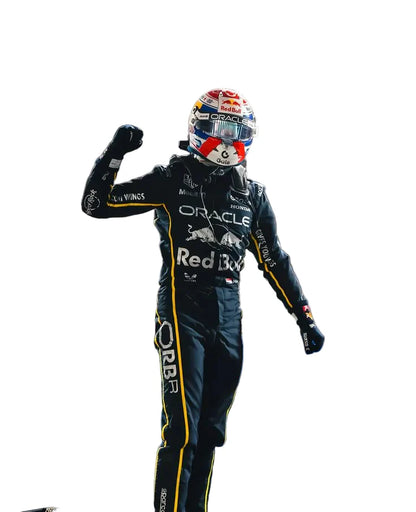 Person in a Formula 1 racing suit with Oracle and Red Bull branding on a white background