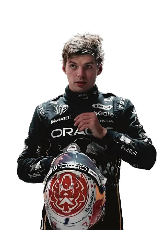 Person wearing a racing suit with various sponsor logos, holding a helmet.