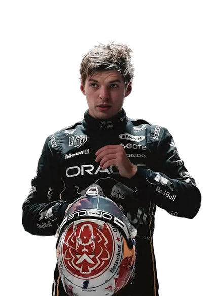 Person wearing a racing suit with various sponsor logos, holding a helmet.