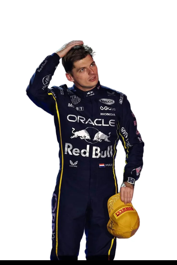 Person wearing a Red Bull racing suit holding a yellow helmet on a white background