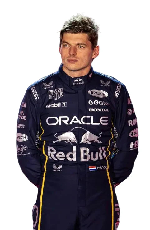 Person wearing a racing suit with Oracle and Red Bull logos on a white background