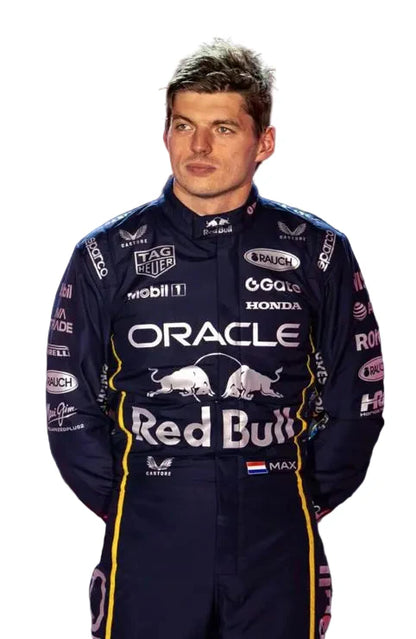 Person wearing a racing suit with Oracle and Red Bull logos on a white background