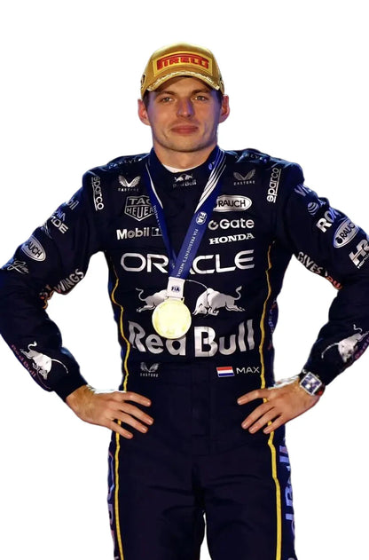 Person wearing a racing suit with various sponsor logos, holding a medal.