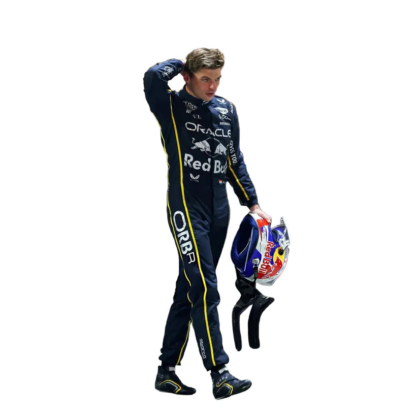 Person in a racing suit holding a helmet on a white background